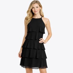 Laura Black Chiffon Tiered Cocktail Dress with Beaded Straps – Size 10